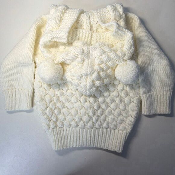 Baby Hooded Cardigan Sweater Pom Pom 6-12 mo Ivory Acrylic - Picture 6 of 6